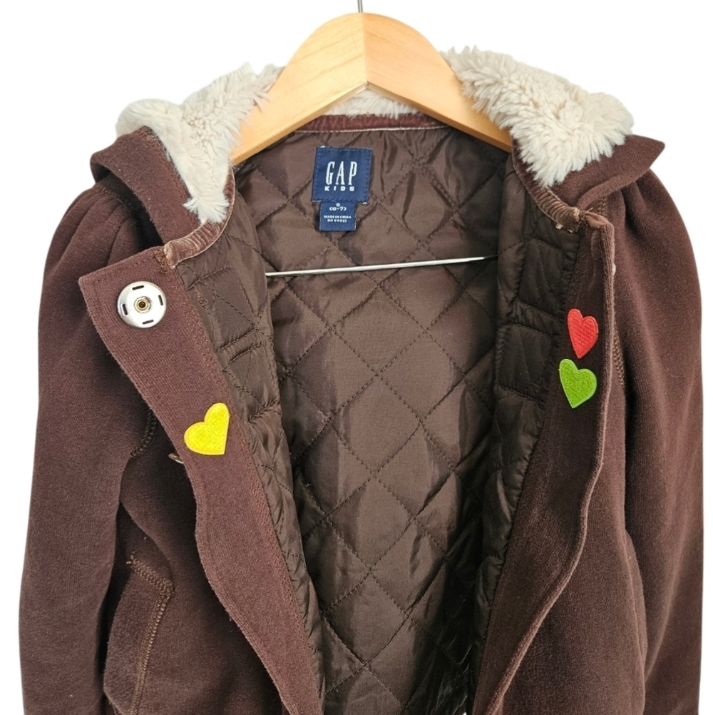 Gap Kids Heart Patches Winter Coat, Sherpa Hood, size small